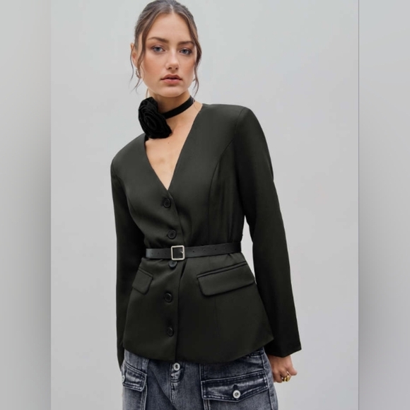 V-NECK ROSETTE BUTTON BLAZER WITH BELT-Cider - Picture 2 of 8